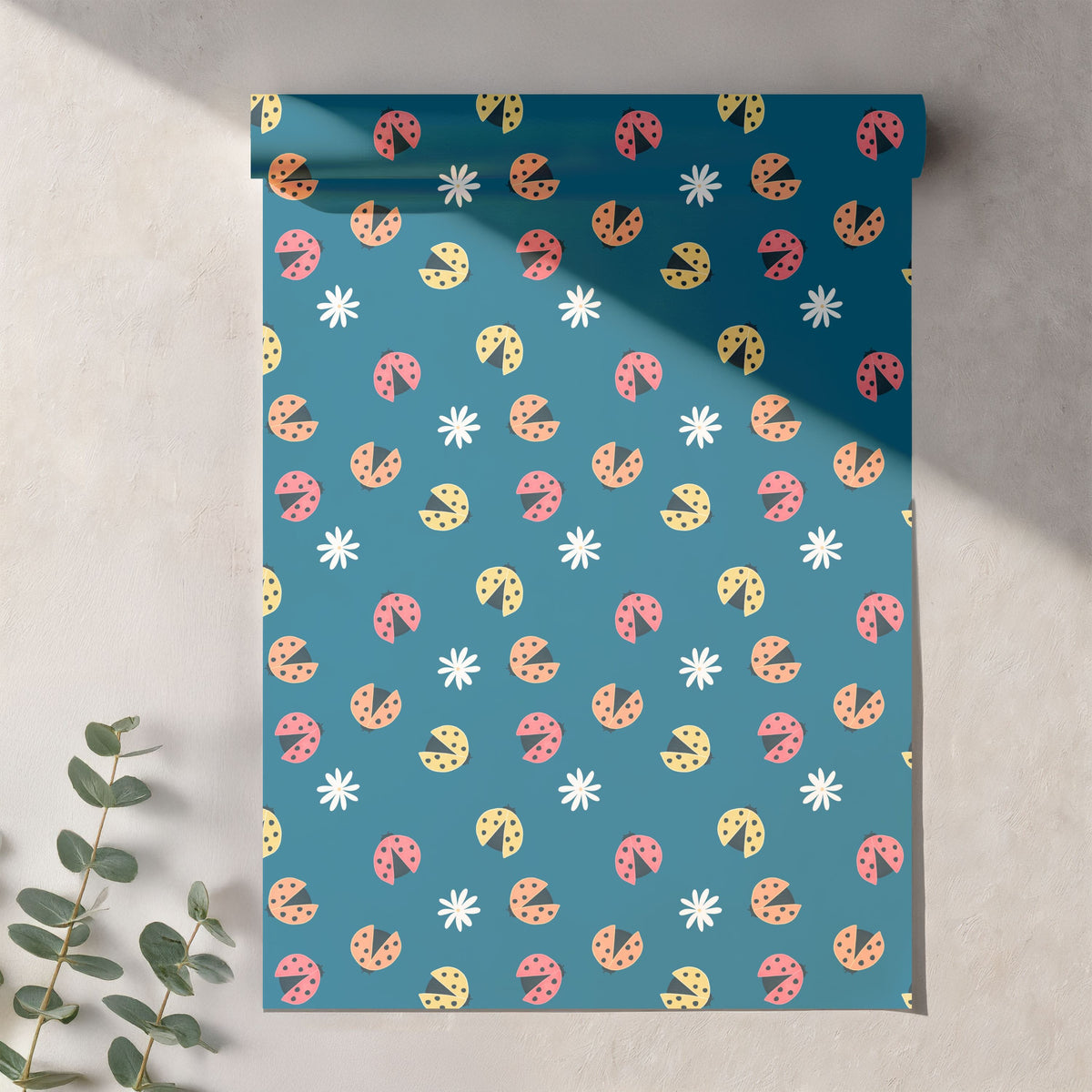 Seamless Ladybug Pattern PNG, Blue Cute Floral Bug Digital Paper 12x12, Whimsical Nature Surface Pattern for Fabric, Packaging, Kids Design, Commercial Use