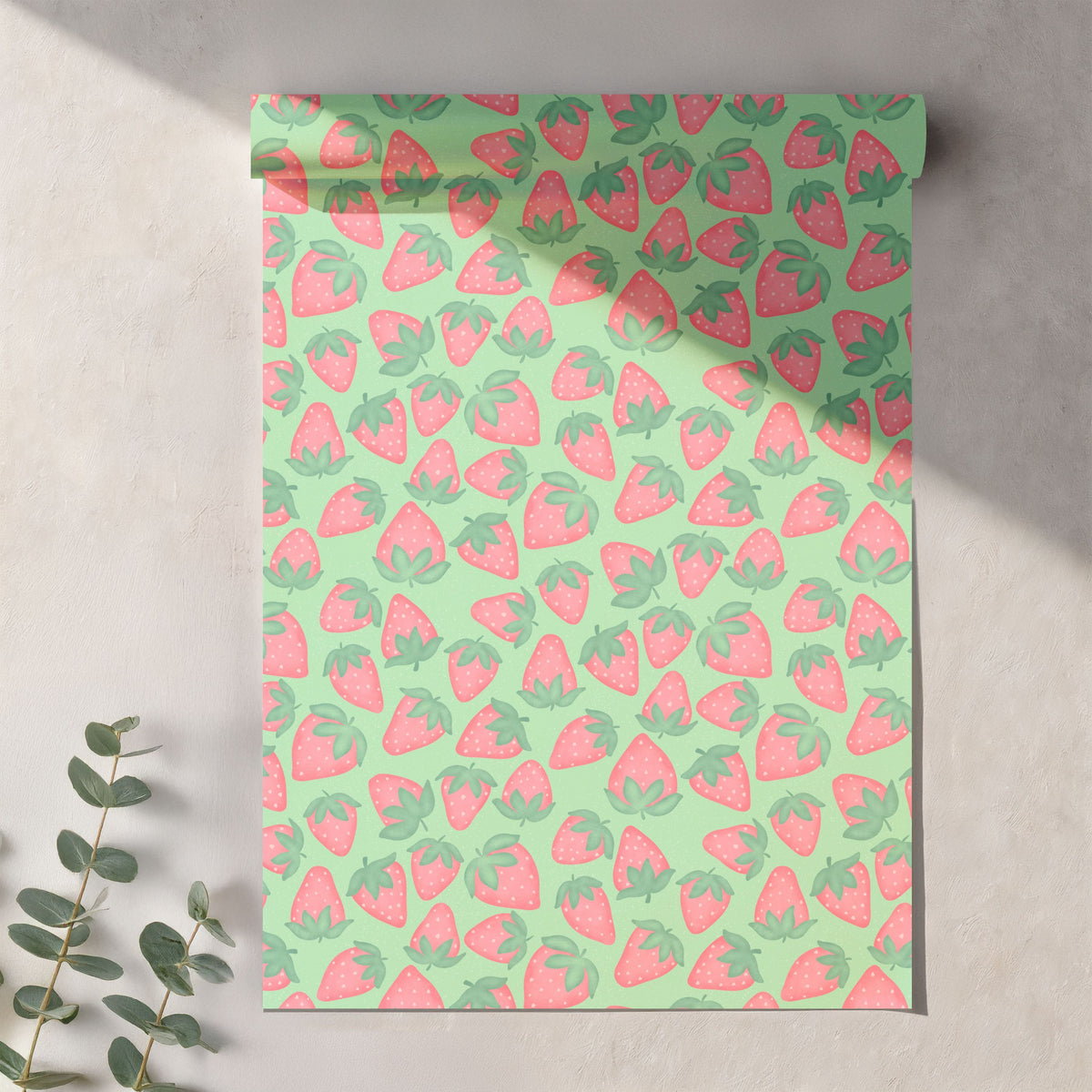 Seamless Strawberry Pattern PNG, Green Hand Drawn Fruit Digital Paper 12x12, Cute Watercolor Style Surface Pattern for Fabric, Packaging, Commercial Use