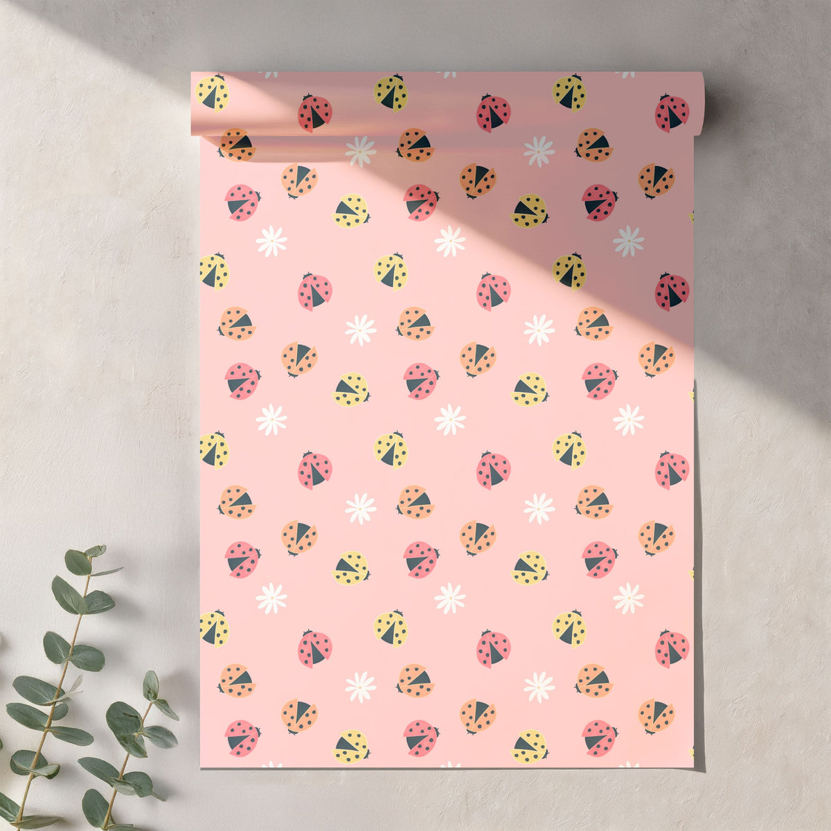 Seamless Ladybug Pattern PNG, Pink Cute Floral Bug Digital Paper 12x12, Whimsical Nature Surface Pattern for Fabric, Nursery, Packaging, Commercial Use