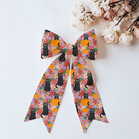Black Cats Pumpkins and Autumn Flowers on Lavender | Halloween Seamless Pattern