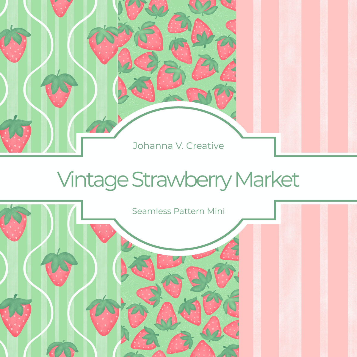 Strawberry Cottage Seamless Pattern Bundle | Pink Strawberry & Vintage Stripe Digital Paper Collection | Retro Surface Pattern Set