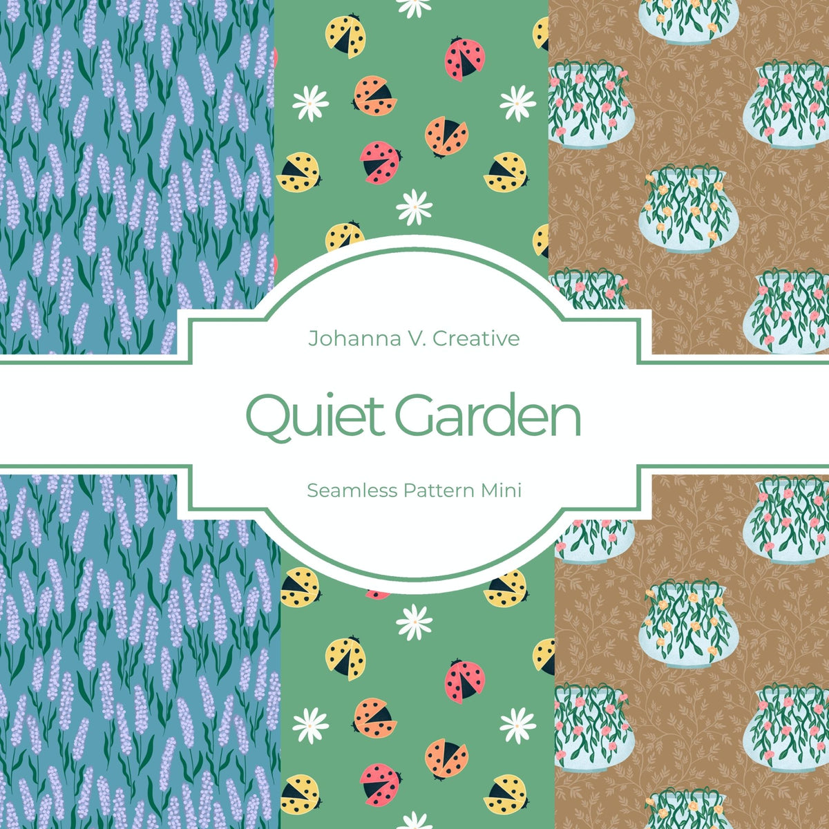 Whimsical Spring Seamless Pattern Bundle | Ladybug, Floral Vase & Lavender Digital Paper Collection | Commercial Use Surface Pattern Set
