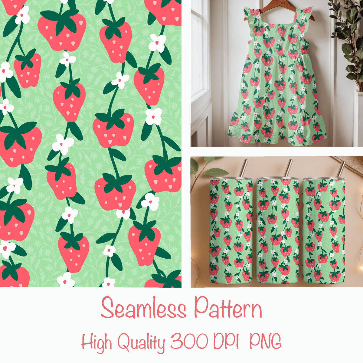 Seamless Strawberry Vine Pattern PNG, Green Botanical Fruit Digital Paper 12x12, Spring Floral Surface Pattern Design for Fabric, Packaging, Commercial Use