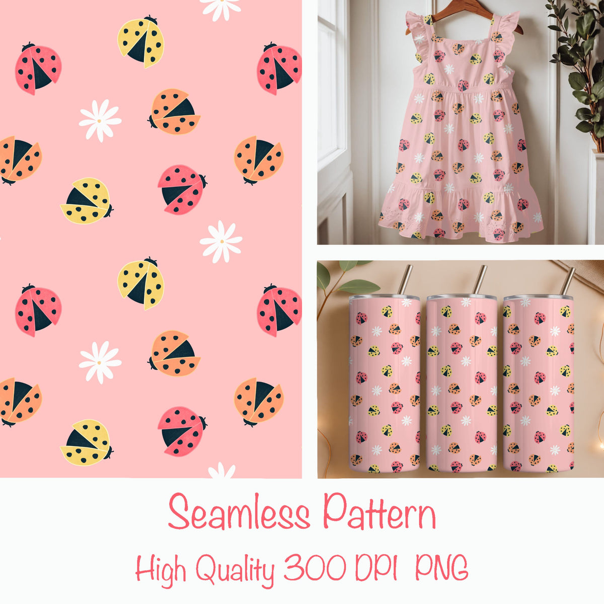 Seamless Ladybug Pattern PNG, Pink Cute Floral Bug Digital Paper 12x12, Whimsical Nature Surface Pattern for Fabric, Nursery, Packaging, Commercial Use