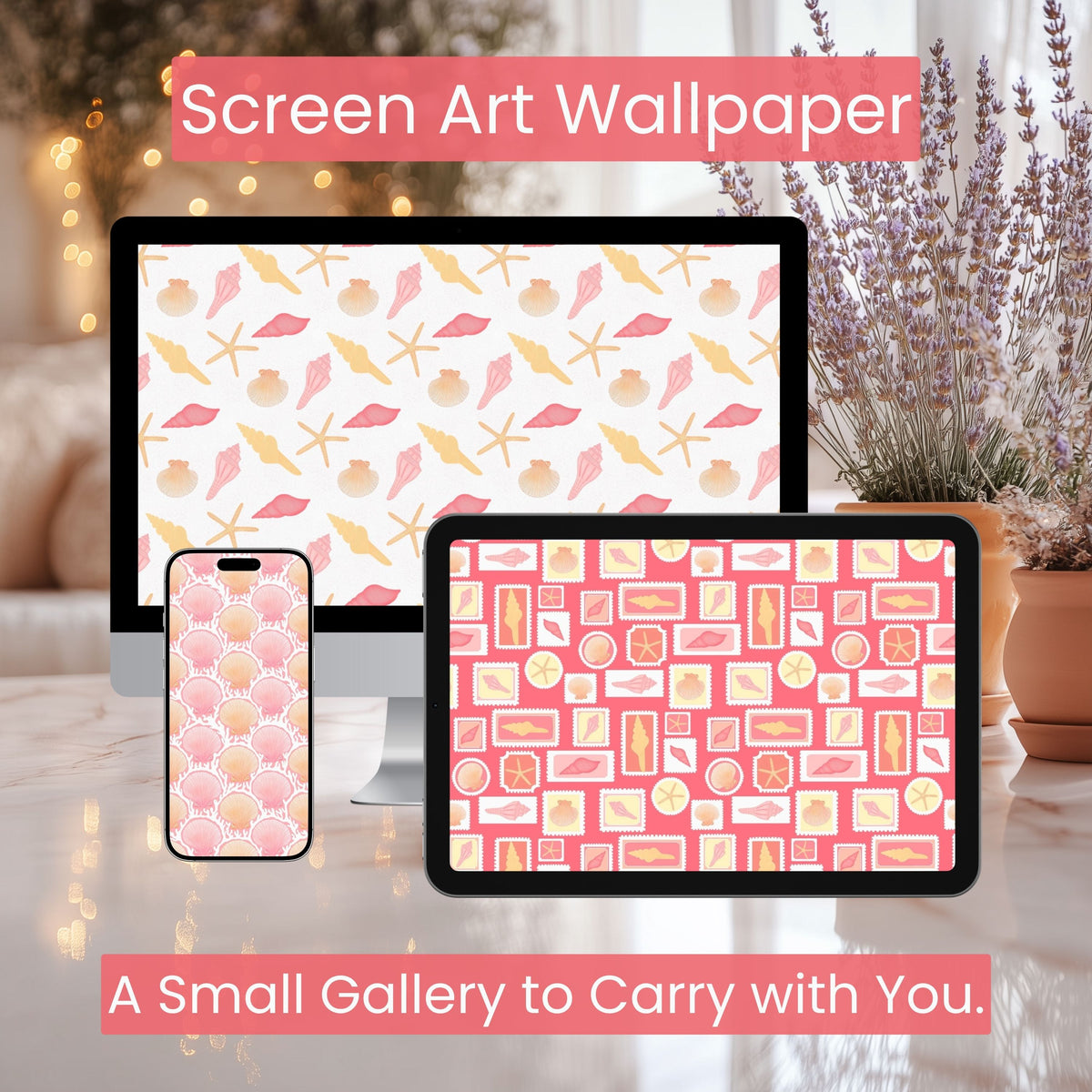 Seashell Cove Pink Wallpaper Set | Coastal Strawberry Aesthetic Phone, Tablet & Desktop Backgrounds | Cute Beach Digital Download