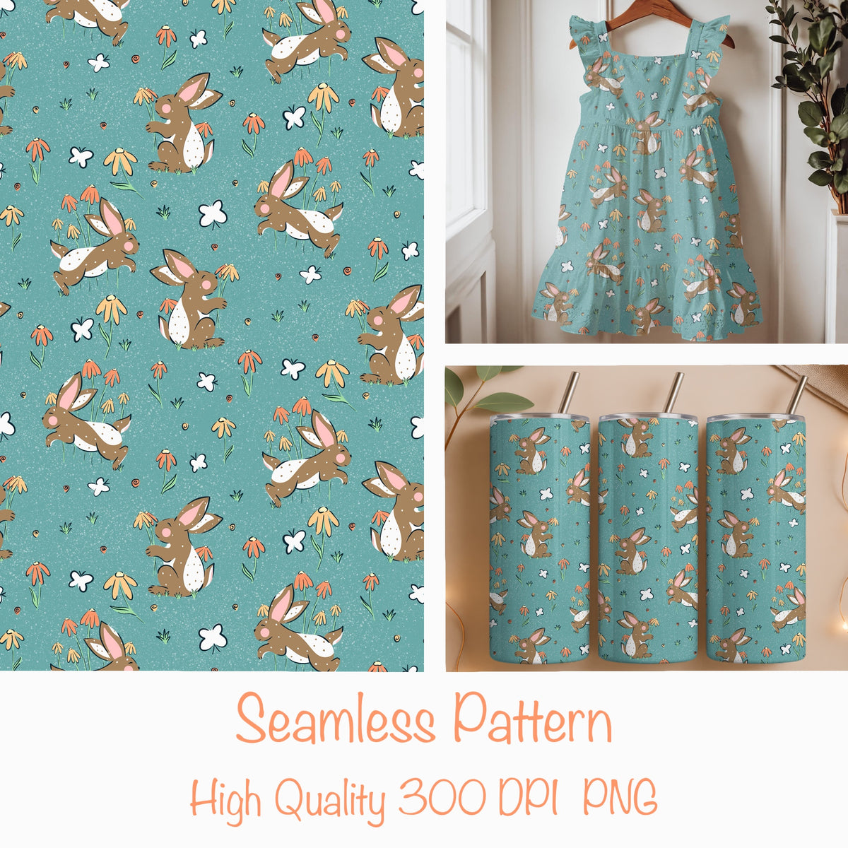 Seamless Bunny Floral Pattern Blue | Bunnies & Flowers | Cute Spring Digital Paper PNG for Sublimation & POD