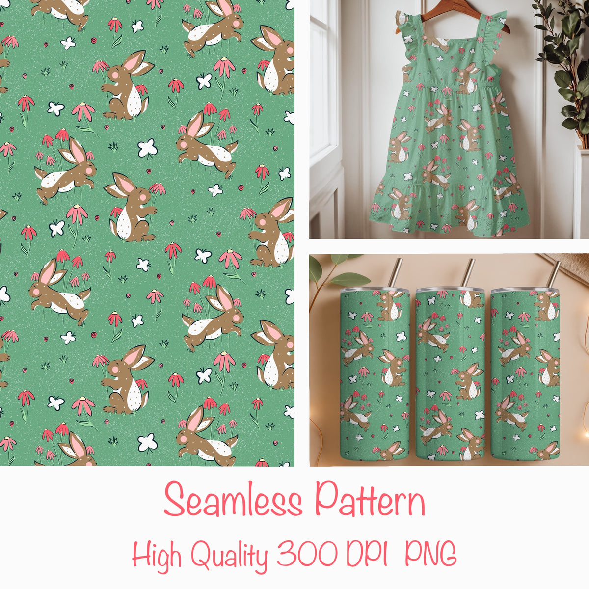 Seamless Bunny Floral Pattern Green | Bunnies & Flowers | Cute Spring Digital Paper PNG for Sublimation & POD