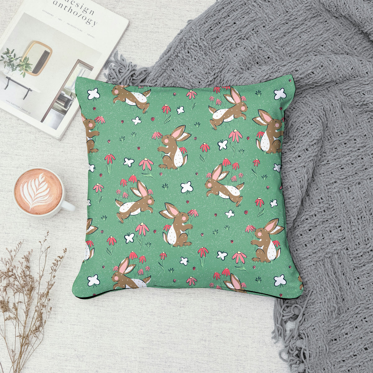 Seamless Bunny Floral Pattern Green | Bunnies & Flowers | Cute Spring Digital Paper PNG for Sublimation & POD