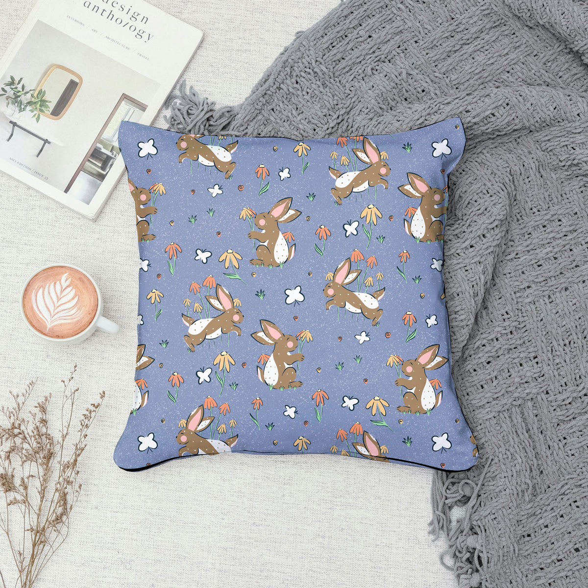 Seamless Bunny Floral Pattern Purple | Bunnies & Flowers | Cute Spring Digital Paper PNG for Sublimation & POD