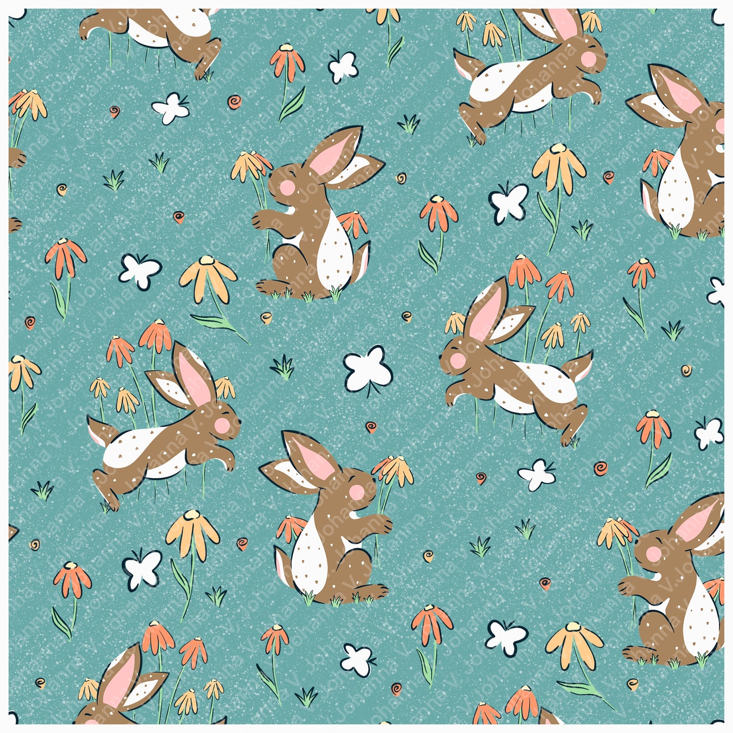 Seamless Bunny Floral Pattern Blue | Bunnies & Flowers | Cute Spring Digital Paper PNG for Sublimation & POD