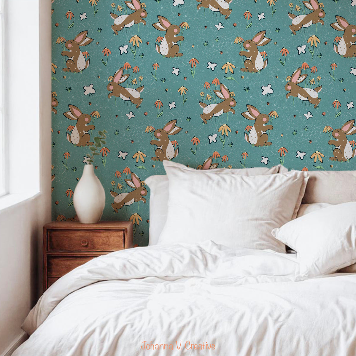 Seamless Bunny Floral Pattern Blue | Bunnies & Flowers | Cute Spring Digital Paper PNG for Sublimation & POD