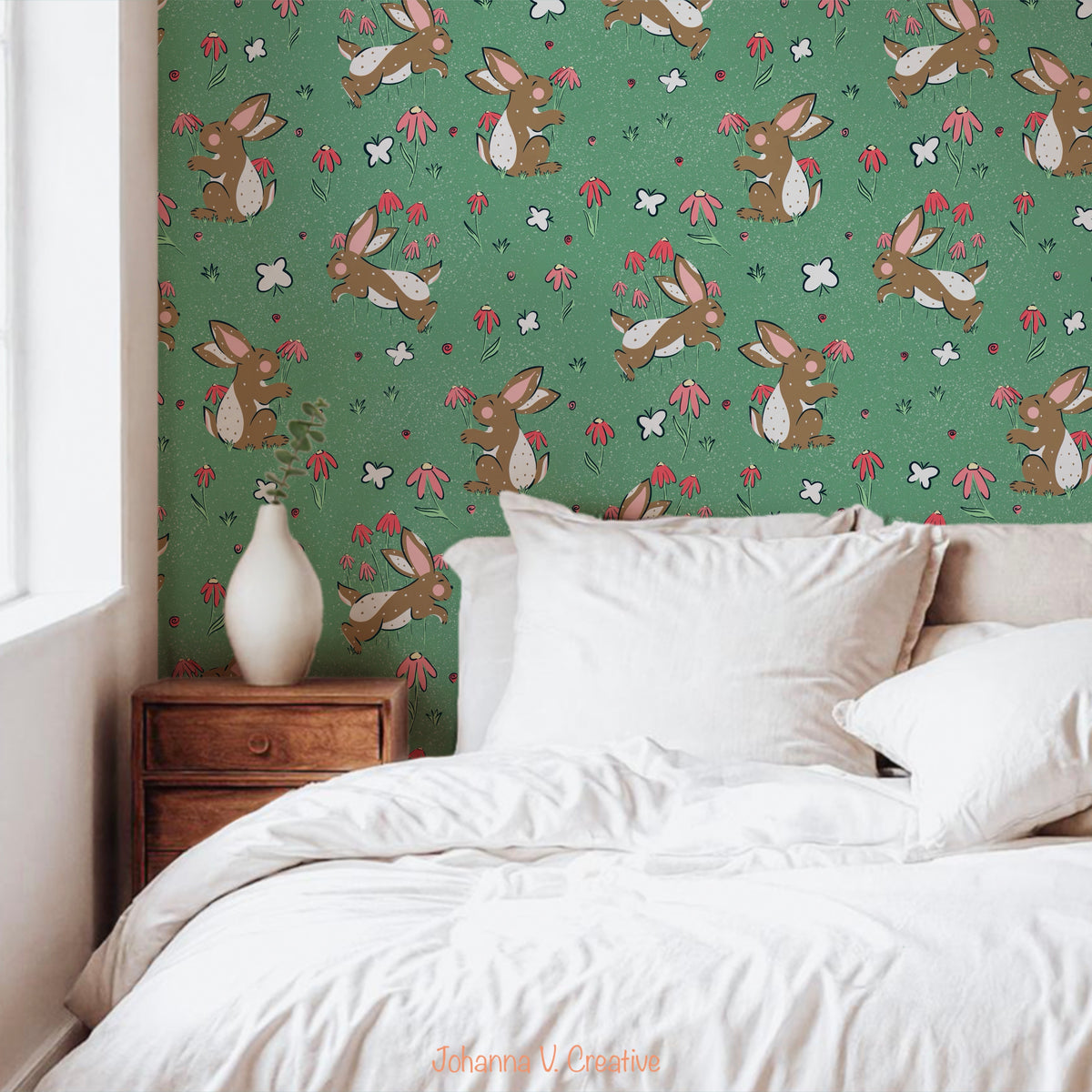 Seamless Bunny Floral Pattern Green | Bunnies & Flowers | Cute Spring Digital Paper PNG for Sublimation & POD