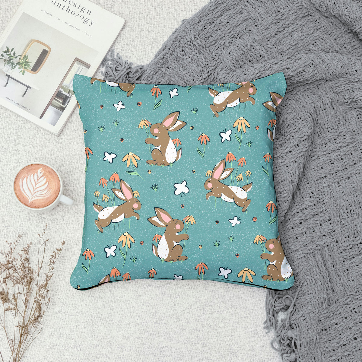 Seamless Bunny Floral Pattern Blue | Spring Bunnies & Flowers | Cute Digital Paper PNG for Sublimation & POD