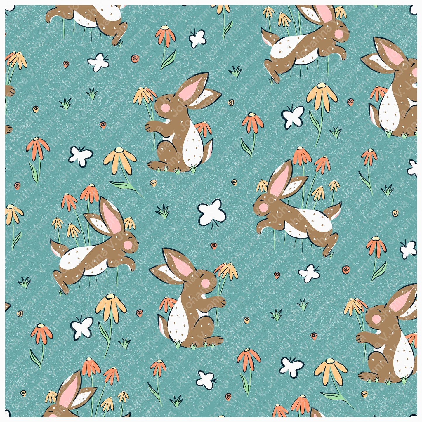 Seamless Bunny Floral Pattern Blue | Spring Bunnies & Flowers | Cute Digital Paper PNG for Sublimation & POD