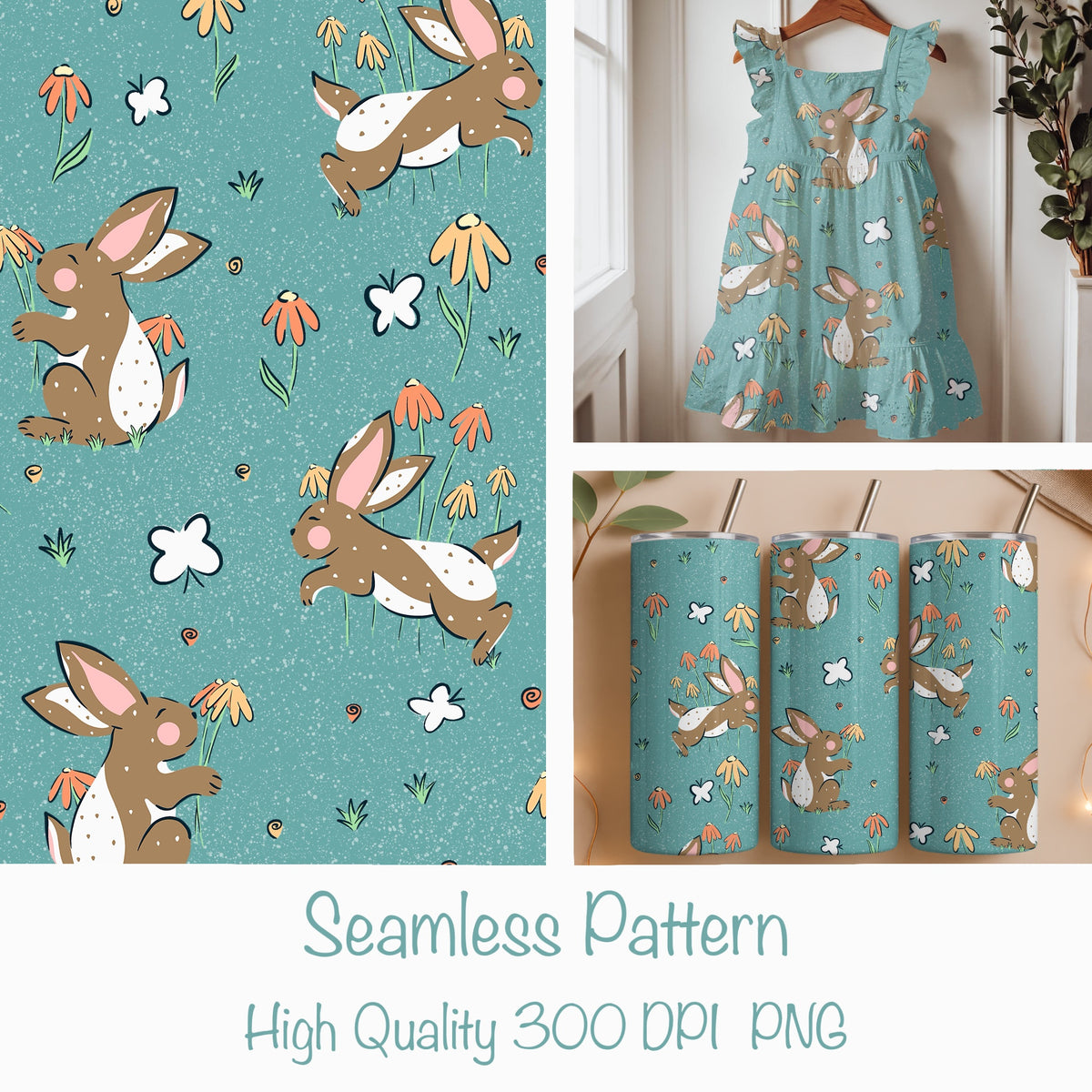 Seamless Bunny Floral Pattern Blue | Spring Bunnies & Flowers | Cute Digital Paper PNG for Sublimation & POD