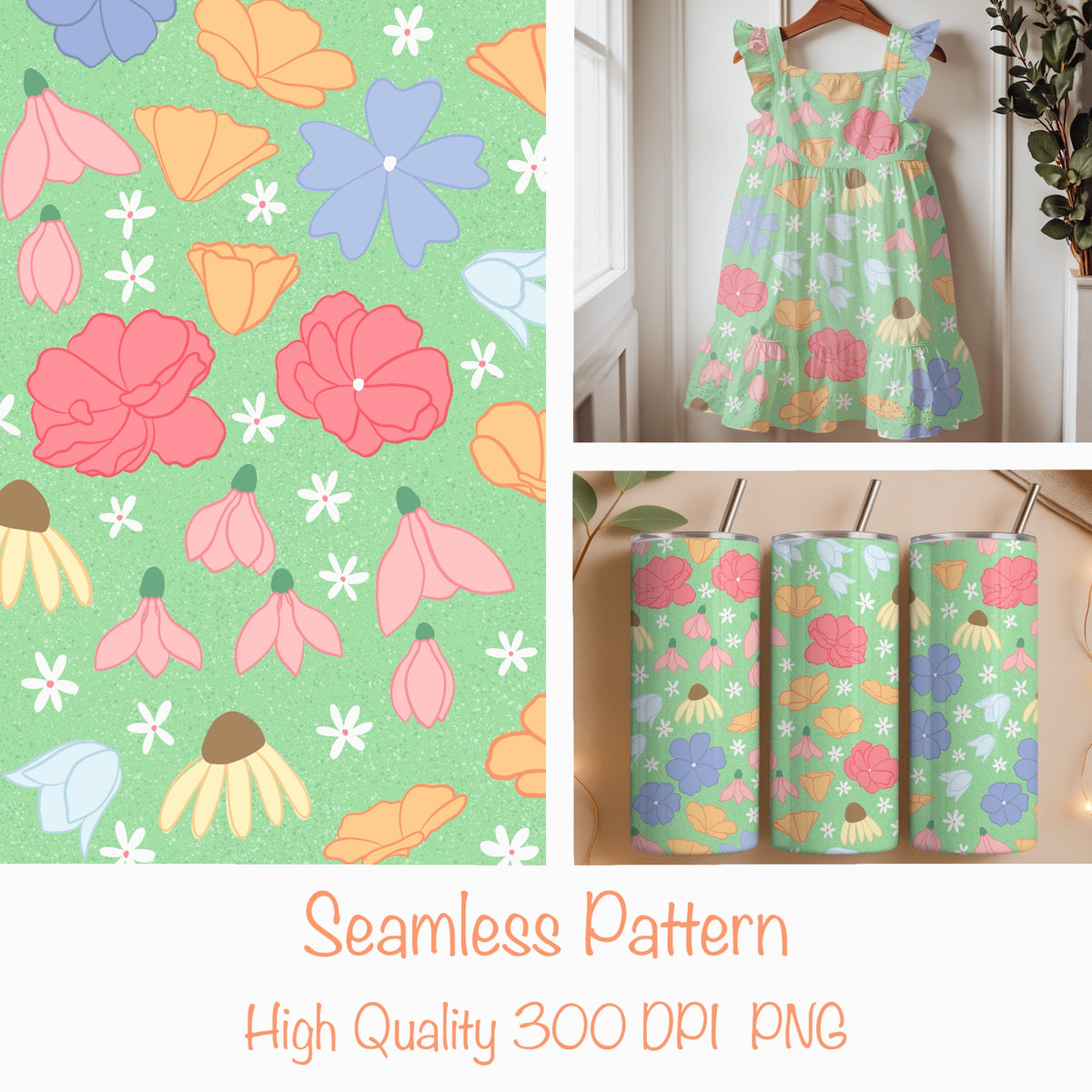 Seamless Wildflower Pattern Light Green | Meadow Flowers & Botanicals | Spring Floral Digital Paper PNG for POD