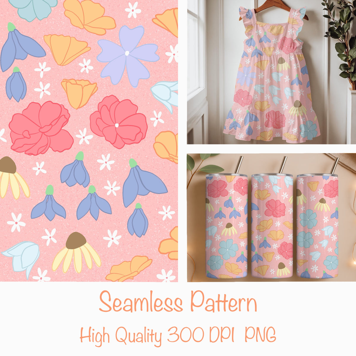 Seamless Wildflower Pattern Pink | Meadow Flowers & Botanicals | Spring Floral Digital Paper PNG for POD