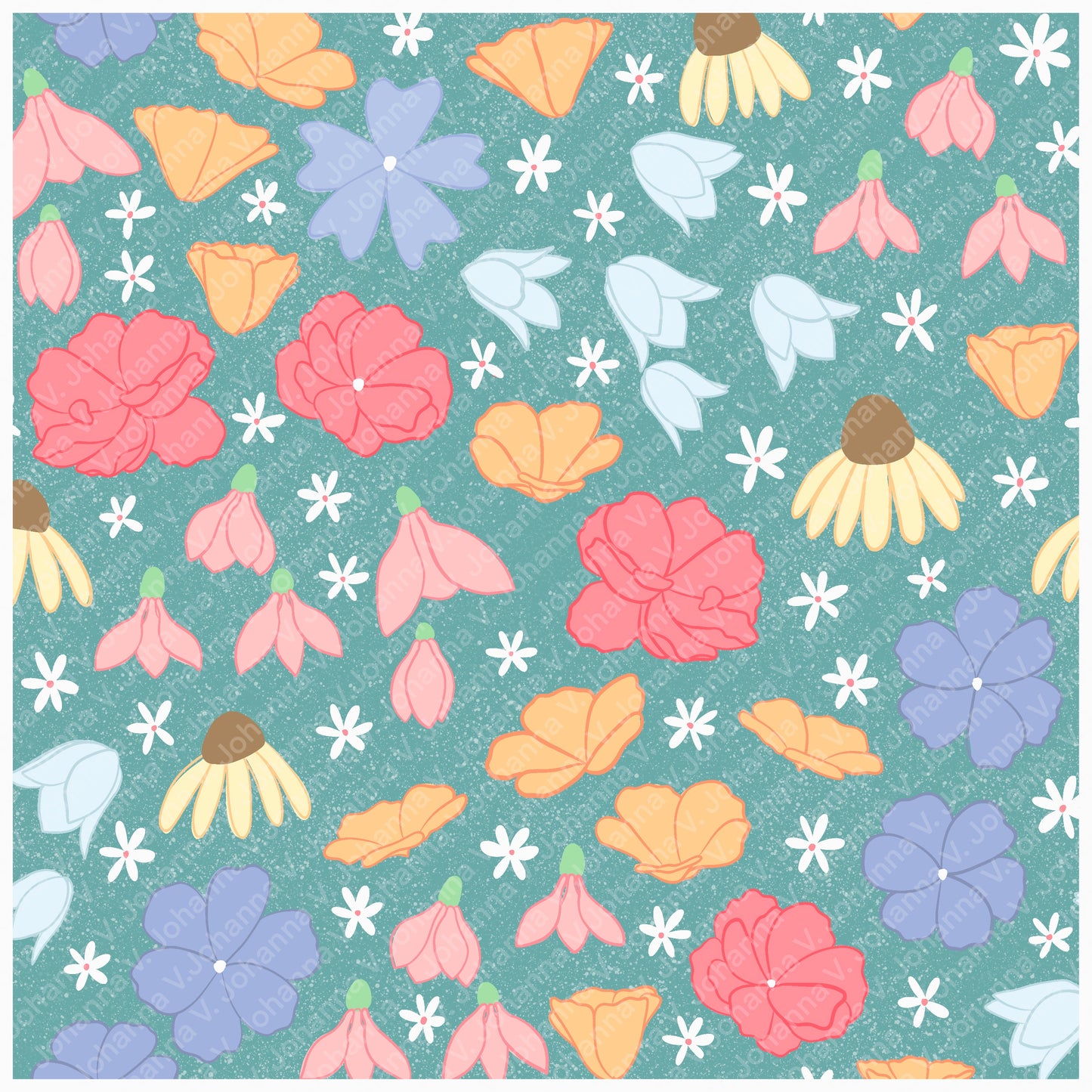 Seamless Wildflower Pattern Blue | Meadow Flowers & Botanicals | Spring Floral Digital Paper PNG for POD