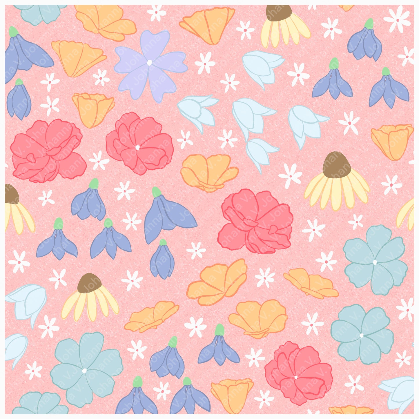 Seamless Wildflower Pattern Pink | Meadow Flowers & Botanicals | Spring Floral Digital Paper PNG for POD