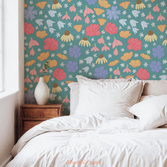 Seamless Wildflower Pattern Blue | Meadow Flowers & Botanicals | Spring Floral Digital Paper PNG for POD