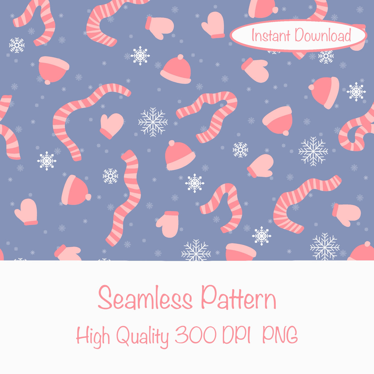 Winter Apparel Seamless Pattern Pink | Hats, Mittens & Scarves | Cozy Winter PNG 12x12 | Personal & Commercial Use