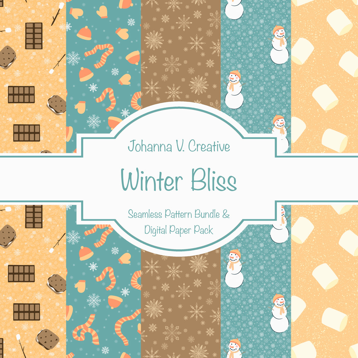 Cozy Winter Seamless Pattern Bundle Orange | S’mores, Snowmen, Mittens & Marshmallows | 12x12 PNG | Digital Download | Commercial & Personal