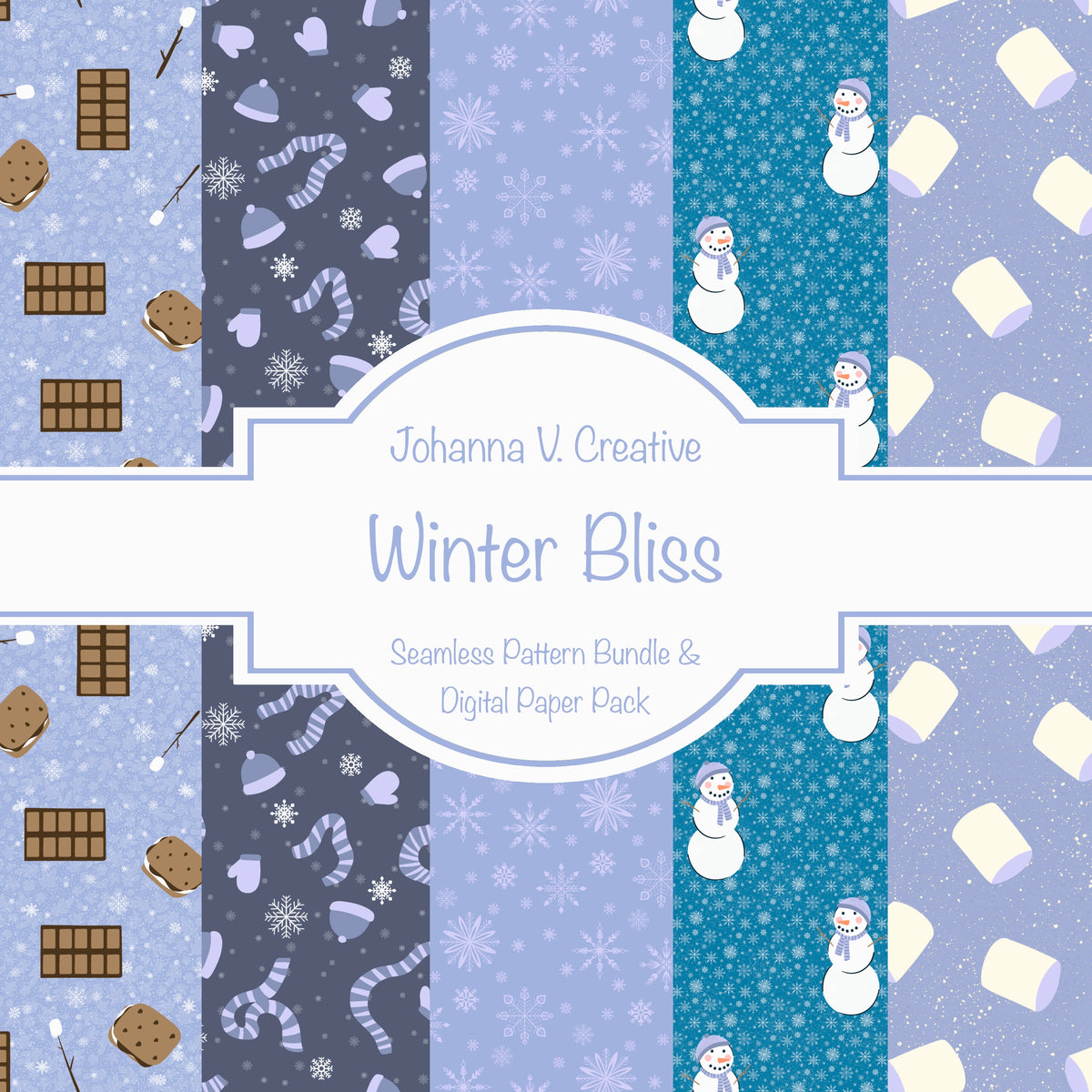 Cozy Winter Seamless Pattern Bundle Purple | S’mores, Snowmen, Mittens & Marshmallows | 12x12 PNG | Digital Download | Commercial & Personal