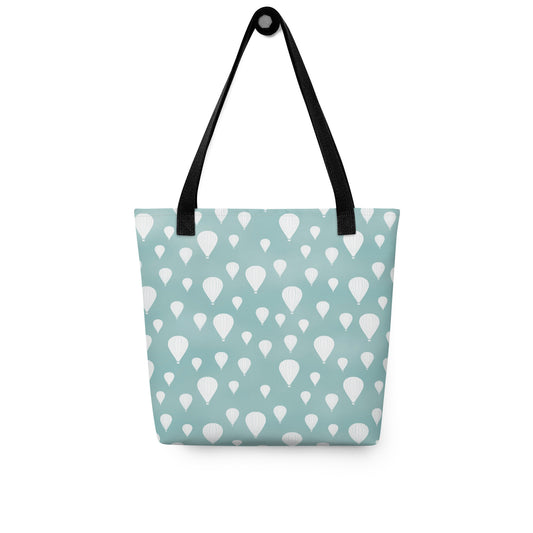Drifting Balloons Tote Bag – Teal Hot Air Balloon Tote | Coastal Aesthetic Everyday Bag | Whimsical Sky Print Reusable Tote