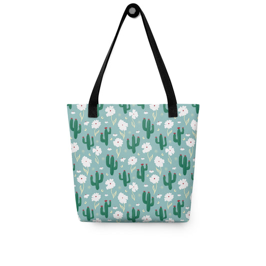 Blue Cactus Floral Tote Bag – Desert Wildflower Southwestern Celestial Everyday Carryall