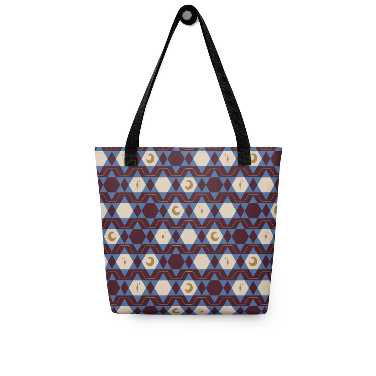 Blue & Burgundy Celestial Tote Bag ā Moon Star Geometric Southwestern Print Everyday Carryall
