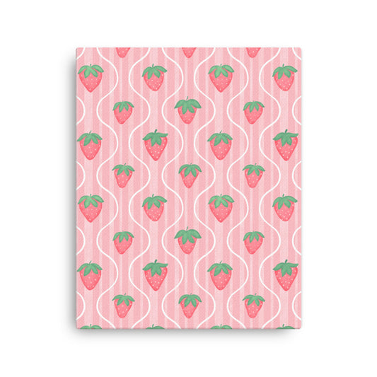 Sweet Strawberry Stripe Canvas Print – Pink Strawberry Pattern Wall Art | Cottagecore Kitchen & Nursery Decor