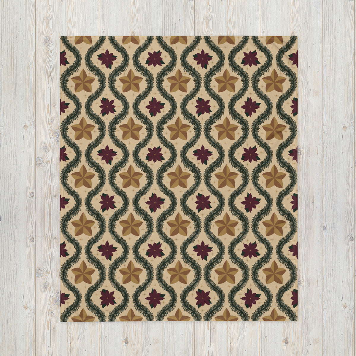 Vintage Poinsettia Christmas Fleece Blanket | Evergreen & Gold Holiday Throw