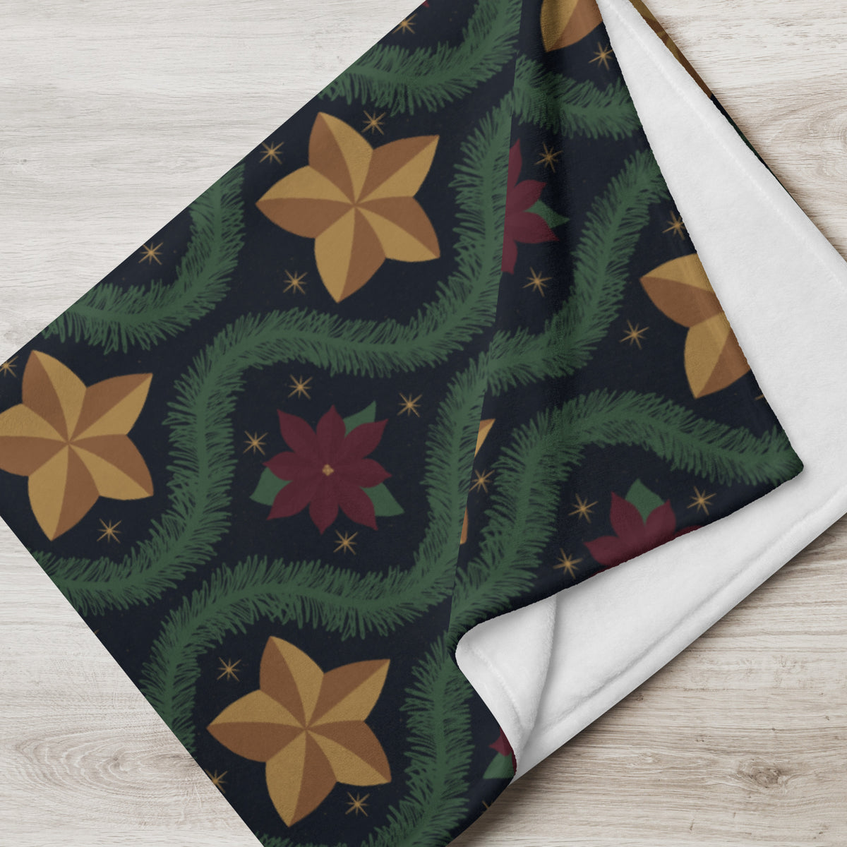Blue Vintage Poinsettia Christmas Fleece Blanket | Evergreen Holiday Throw