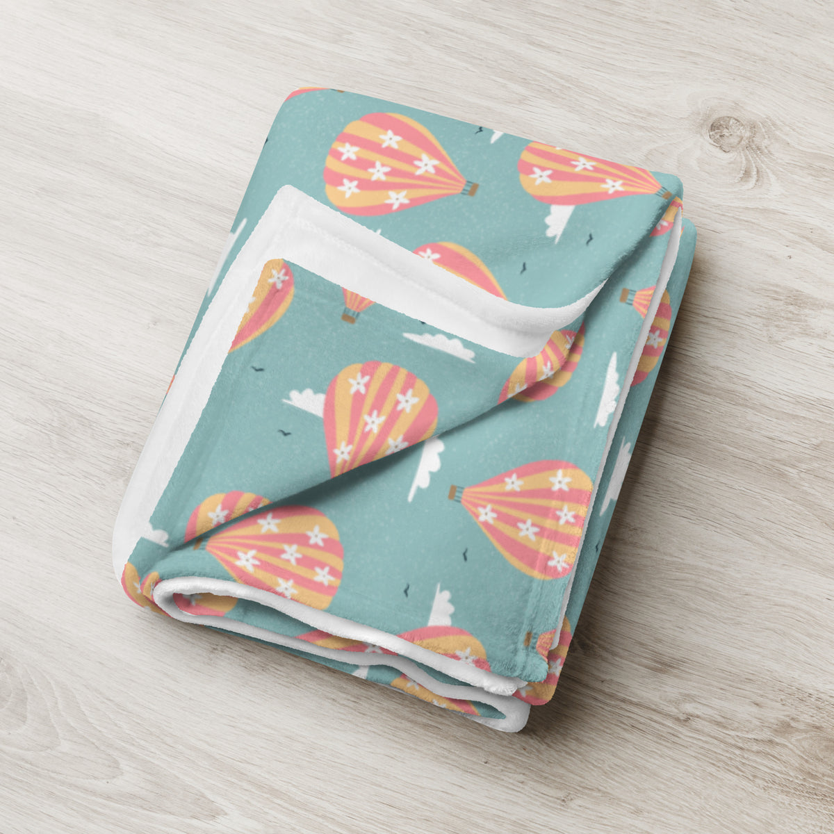 Blooming Skies Blanket – Teal Hot Air Balloon Throw | Coastal Dream Aesthetic Blanket | Whimsical Floral Sky Cozy Blanket Gift