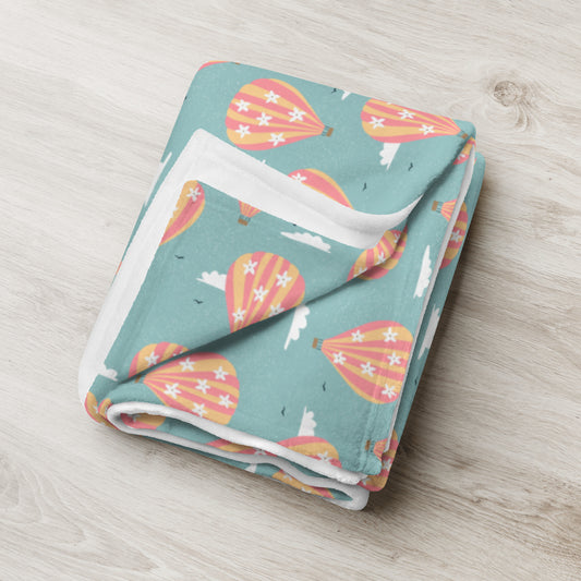 Blooming Skies Blanket – Teal Hot Air Balloon Throw | Coastal Dream Aesthetic Blanket | Whimsical Floral Sky Cozy Blanket Gift