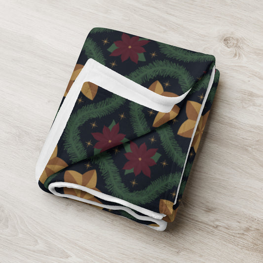 Blue Vintage Poinsettia Christmas Fleece Blanket | Evergreen Holiday Throw