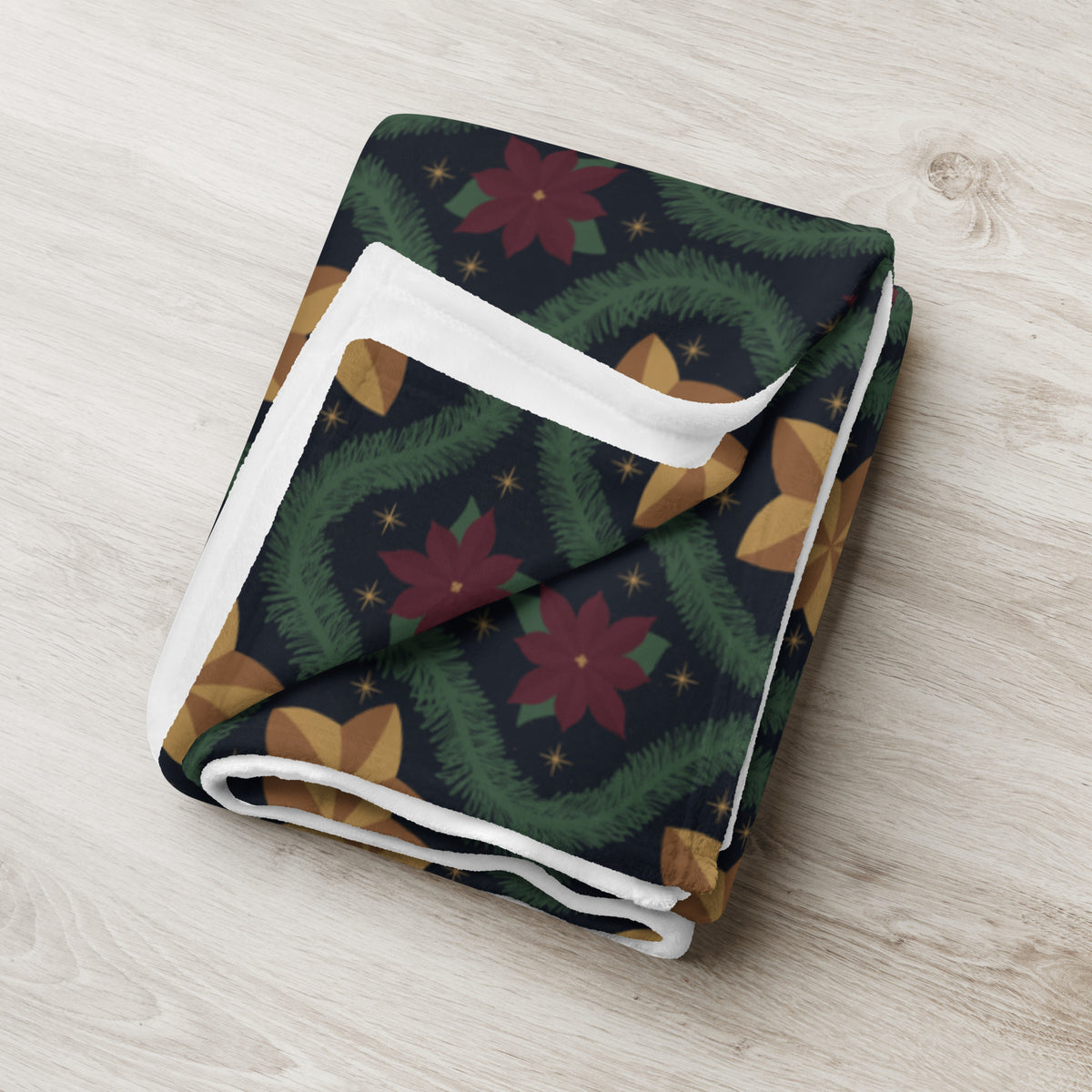 Blue Vintage Poinsettia Christmas Fleece Blanket | Evergreen Holiday Throw