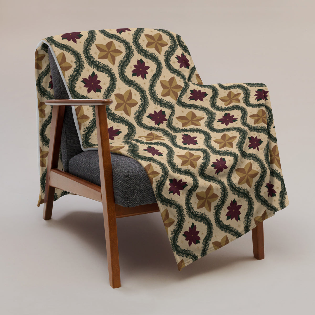 Vintage Poinsettia Christmas Fleece Blanket | Evergreen & Gold Holiday Throw