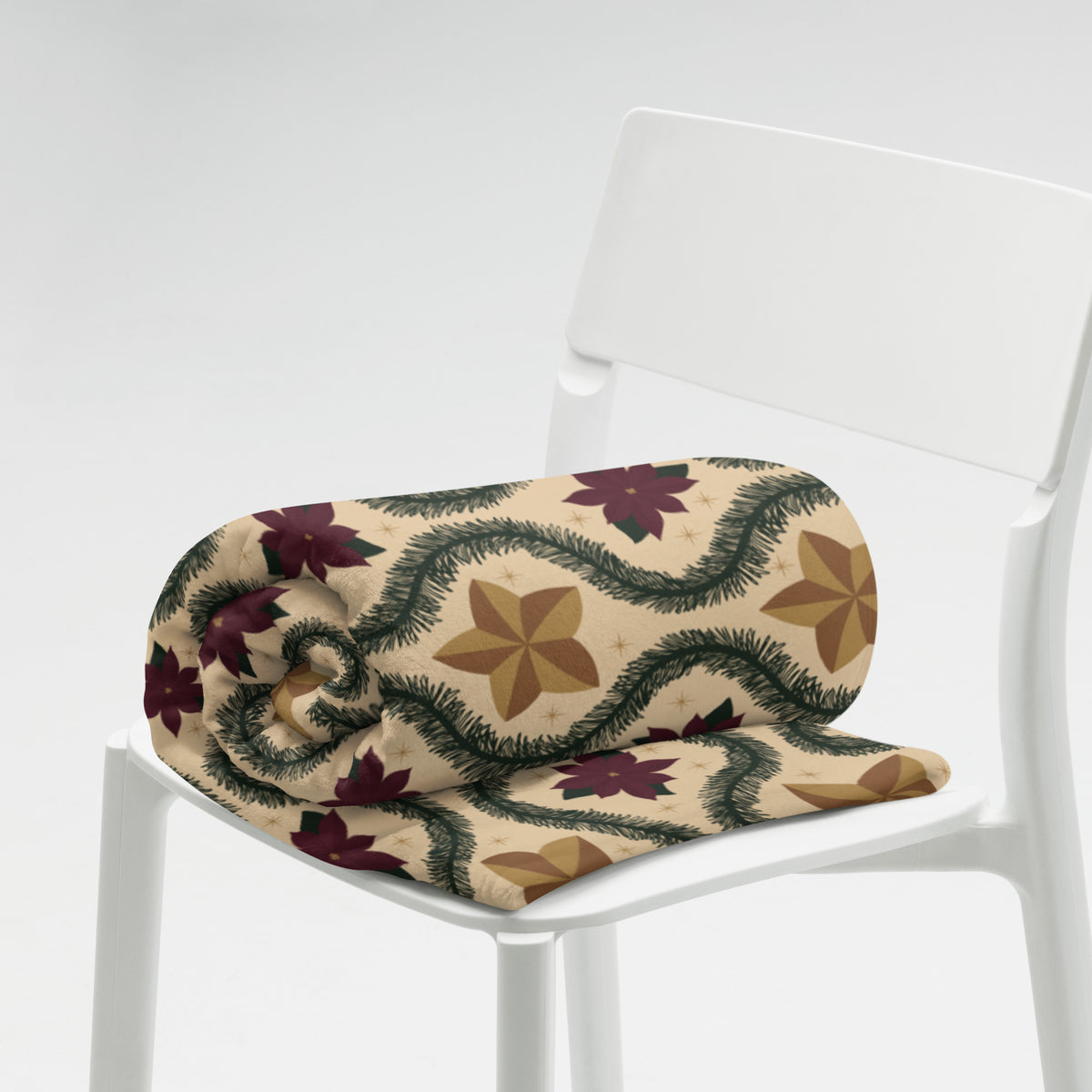 Vintage Poinsettia Christmas Fleece Blanket | Evergreen & Gold Holiday Throw