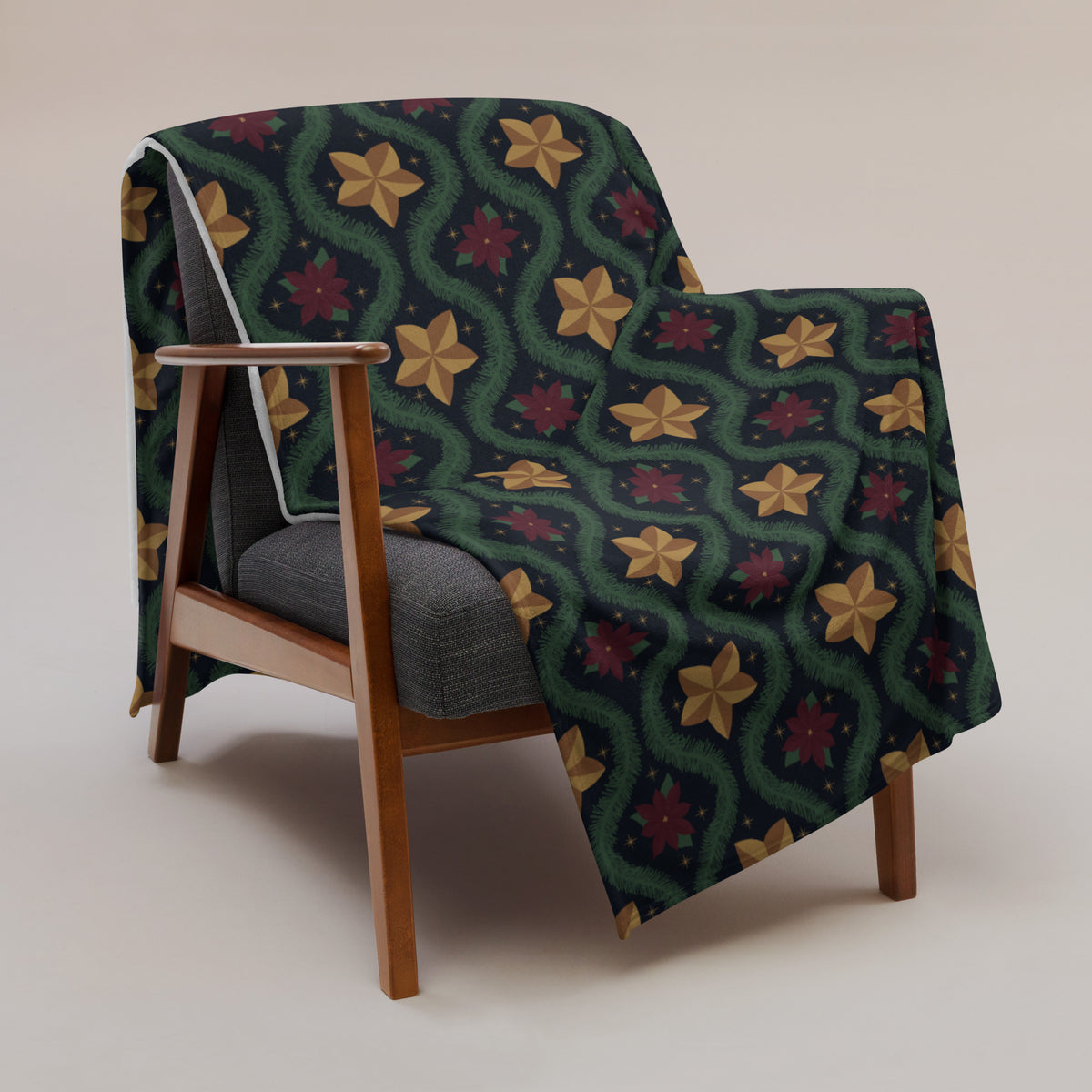 Blue Vintage Poinsettia Christmas Fleece Blanket | Evergreen Holiday Throw