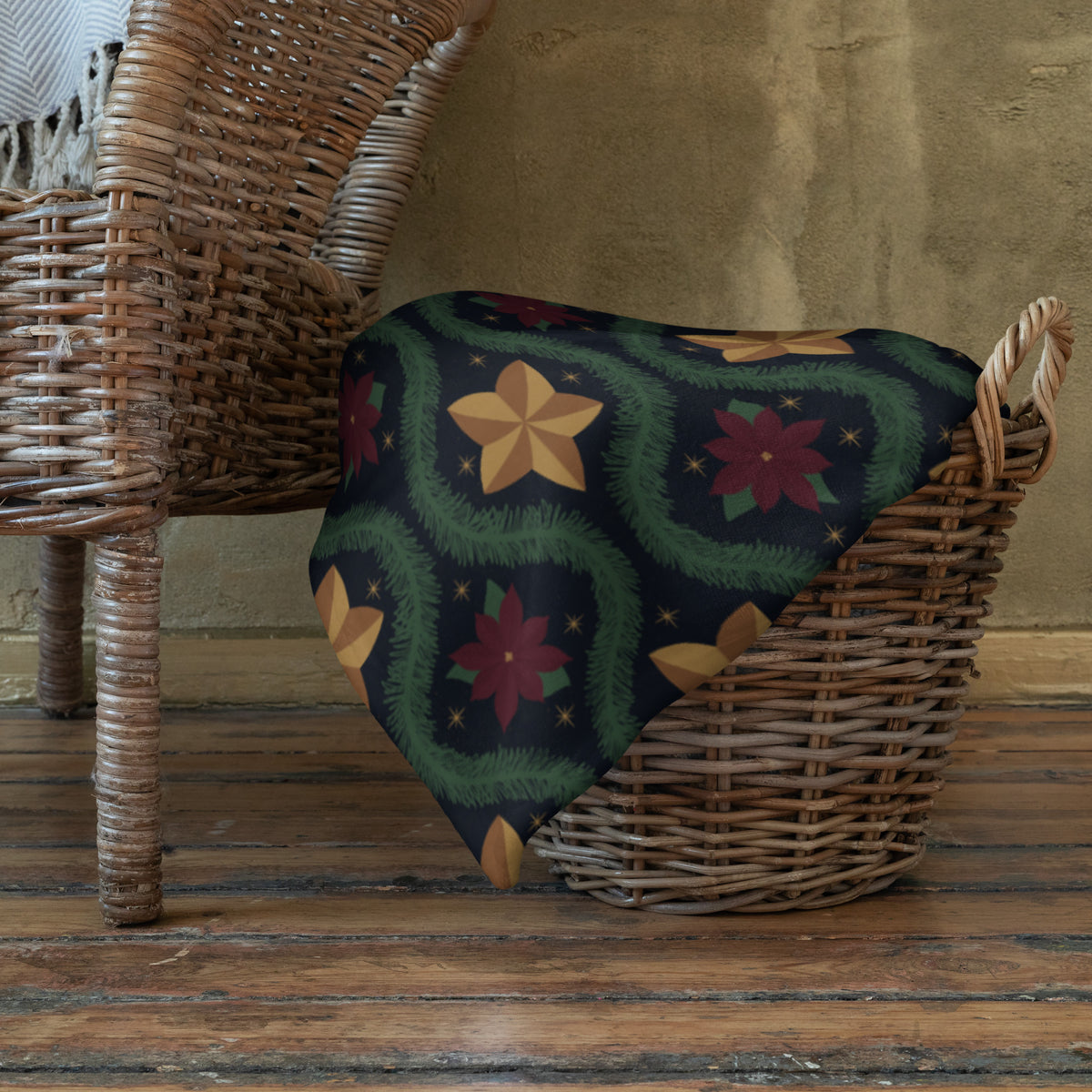 Blue Vintage Poinsettia Christmas Fleece Blanket | Evergreen Holiday Throw
