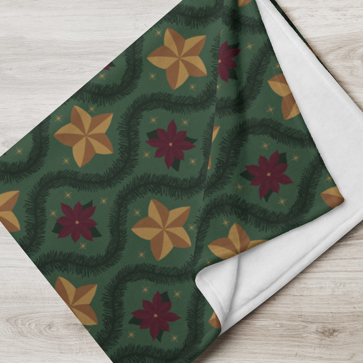Green Vintage Poinsettia Christmas Fleece Blanket | Evergreen Holiday Throw