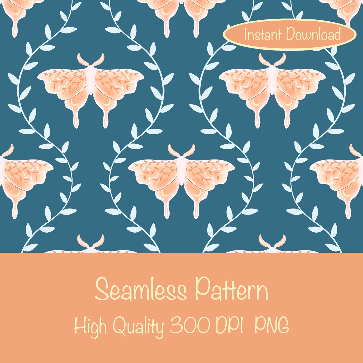 Whimsical Moth Seamless Pattern Blue – Dreamy 12x12” PNG, 300 DPI, Commercial Use