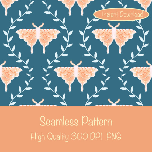Whimsical Moth Seamless Pattern Digital File Blue – Dreamy 12x12” PNG, 300 DPI, Commercial Use