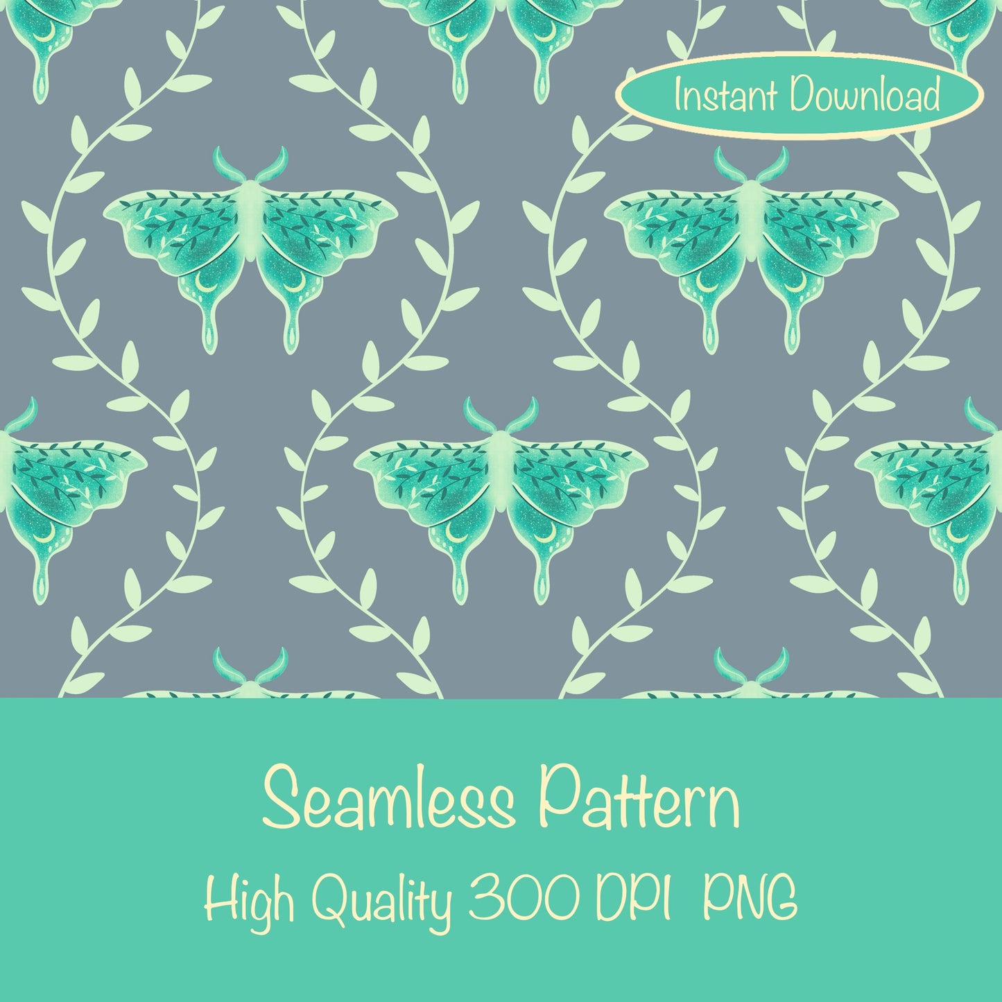 Whimsical Moth Seamless Pattern Grey – Dreamy 12x12” PNG, 300 DPI, Commercial Use
