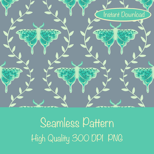 Whimsical Moth Seamless Pattern Digital File Grey – Dreamy 12x12” PNG, 300 DPI, Commercial Use