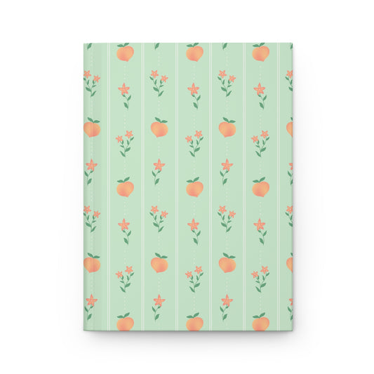 Peach & Floral Stripe Journal | Green Botanical Hardcover Notebook | Cottagecore Writing Journal | Nature Inspired Diary | Peach Blossom Notebook