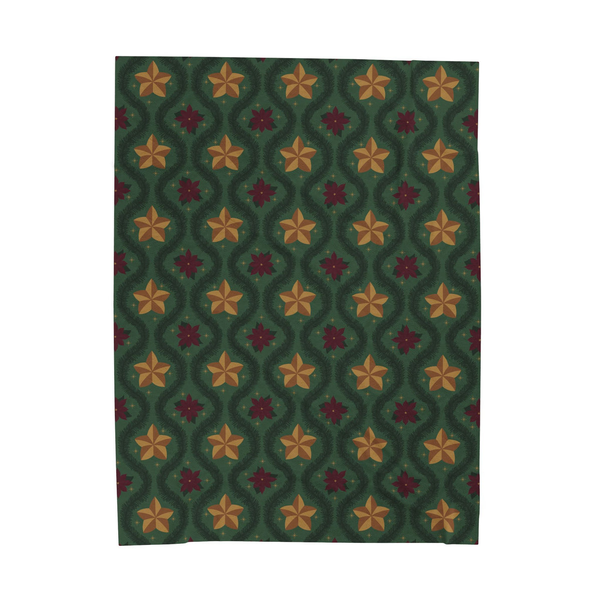 Green Vintage Poinsettia Christmas Fleece Blanket | Evergreen Holiday Throw