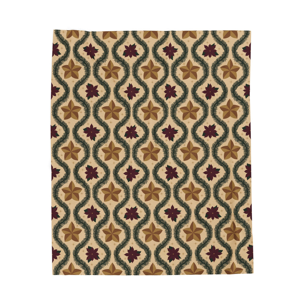 Vintage Poinsettia Christmas Fleece Blanket | Evergreen & Gold Holiday Throw