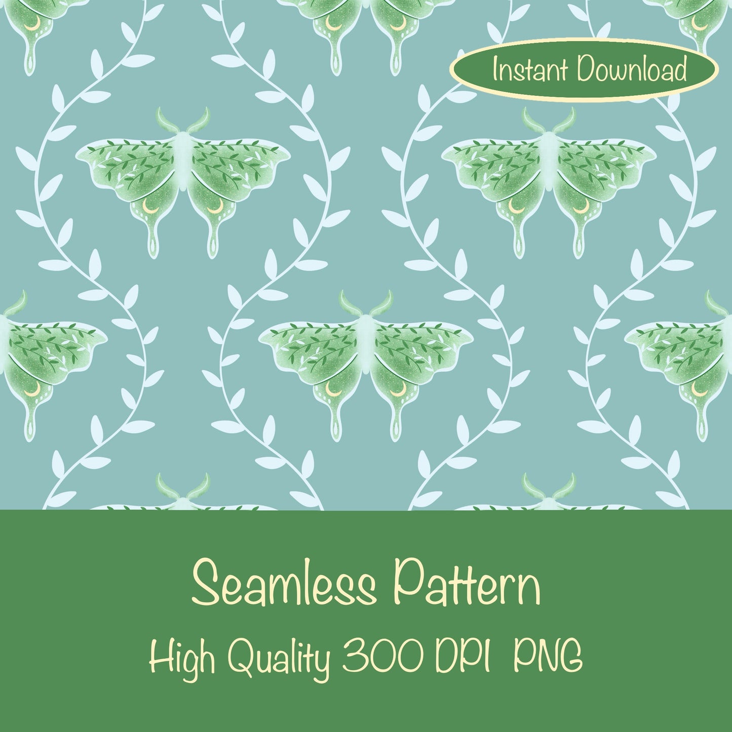 Whimsical Moth Seamless Pattern Green – Dreamy 12x12” PNG, 300 DPI, Commercial Use